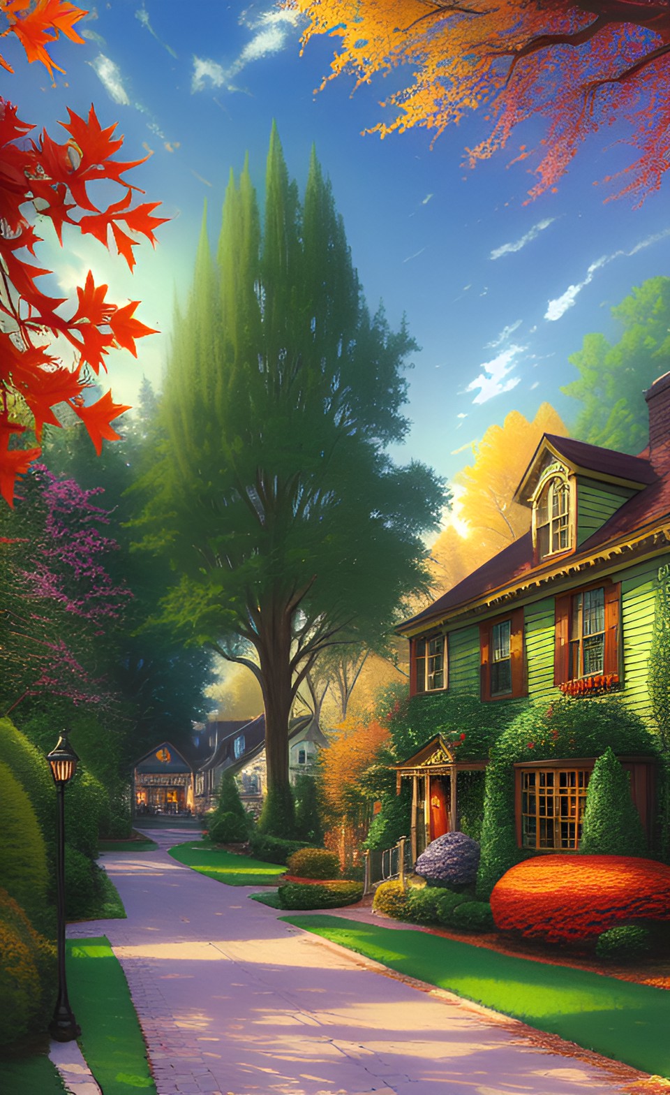 thomas kinkade street, tiny house,ornamental pool, ivy, cypress tree, autumn colors preview