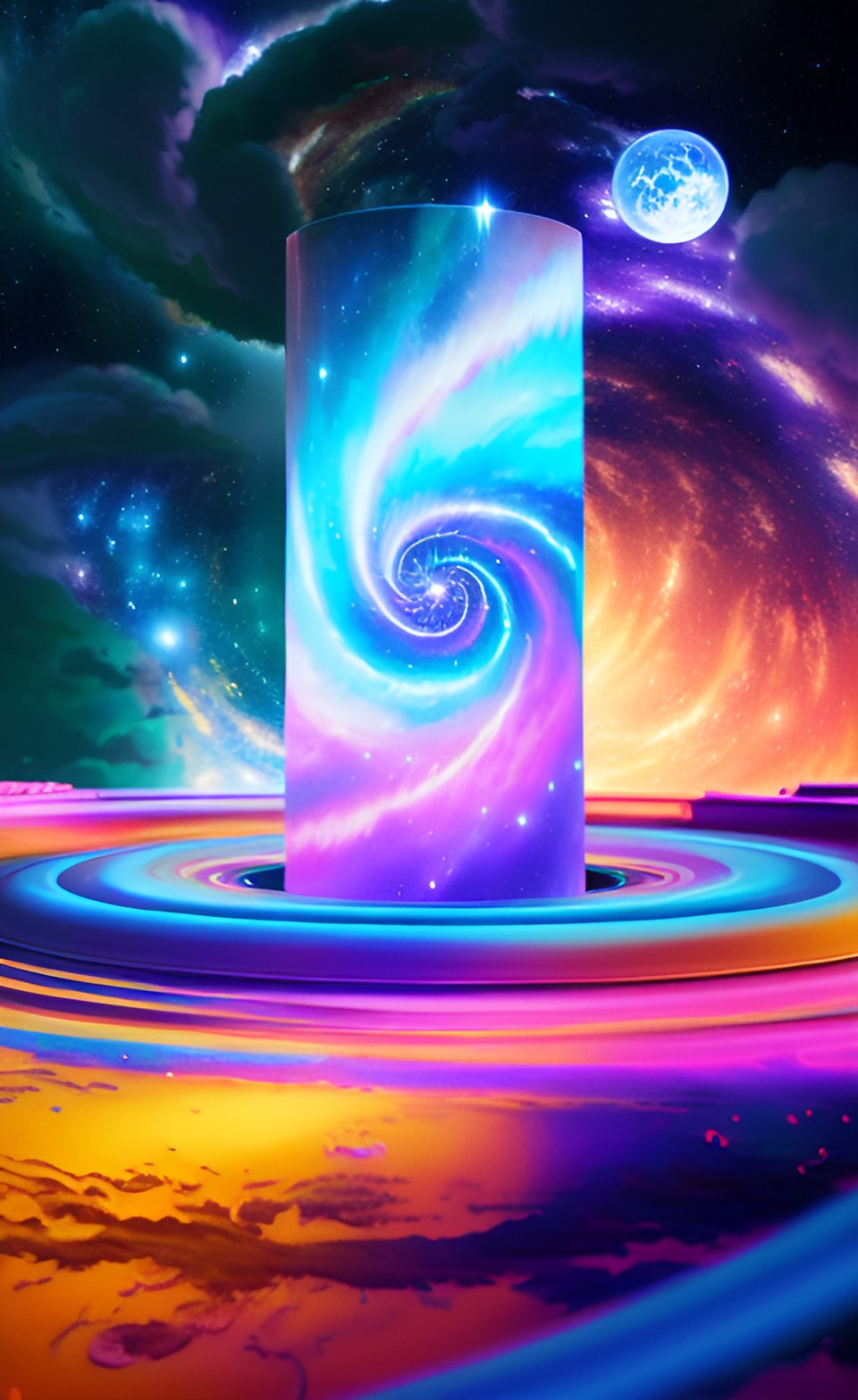 mystical portal to alternate dimension, time rifts, space, spiral-galaxies, nebula-clouds, planets and stars in the background, in a surrealistic style, in 3d, volumetric lighting, variety colorful, preview