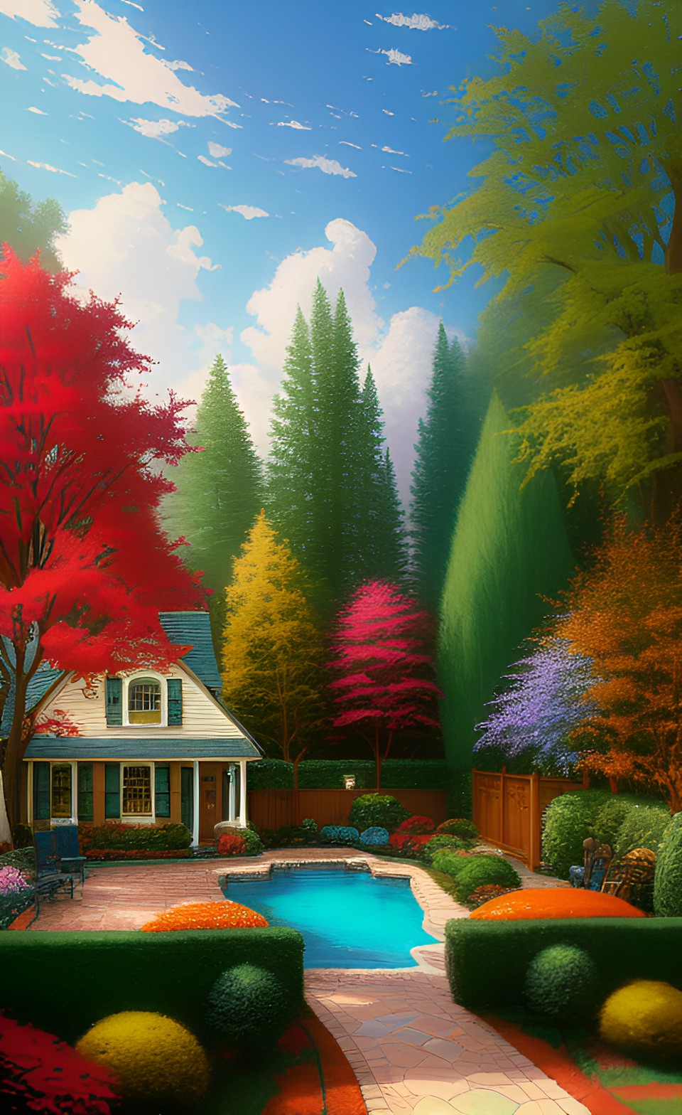 thomas kinkade street, tiny house,ornamental pool, ivy, cypress tree, autumn colors preview