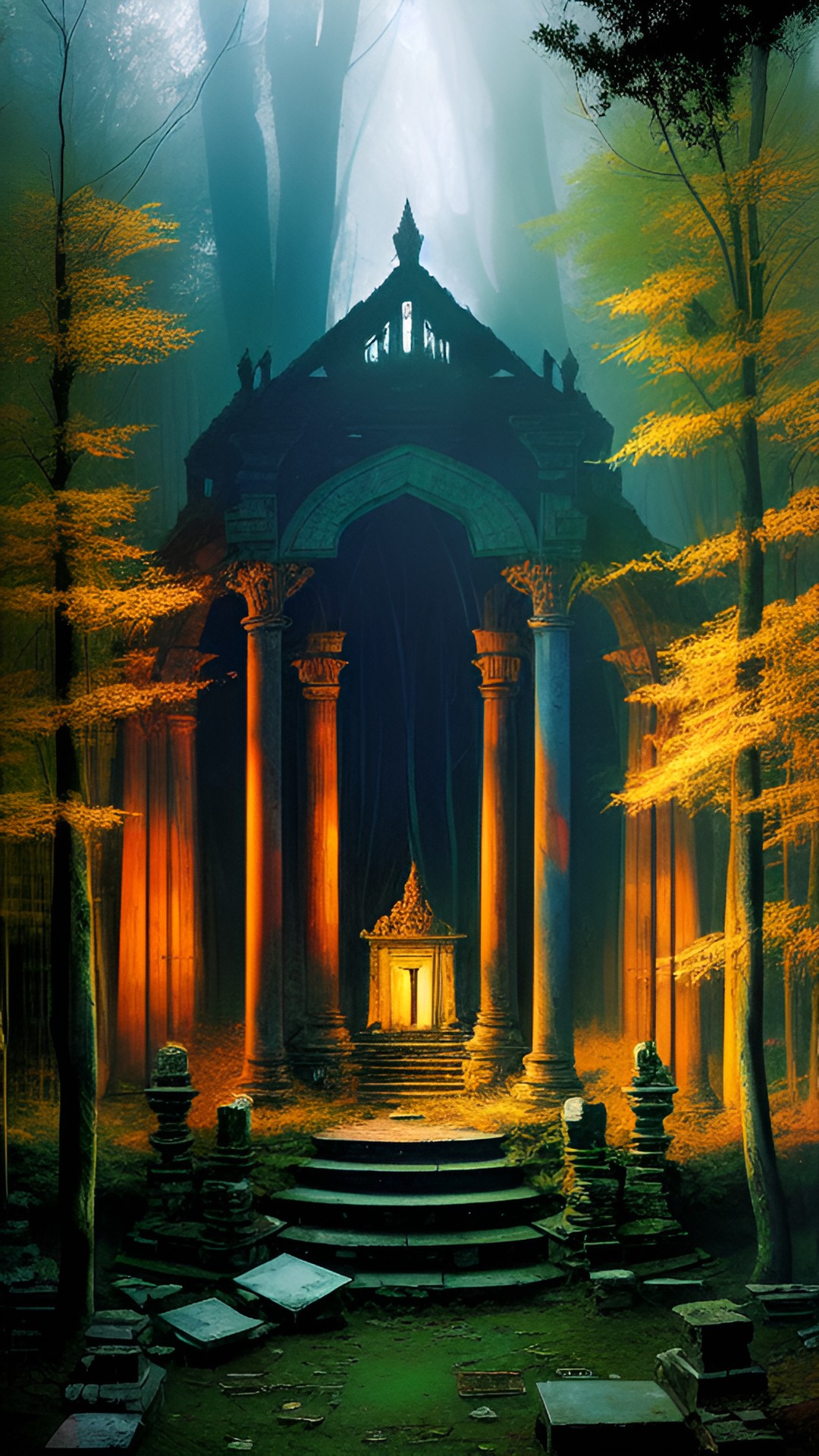 an abandoned and ruined temple in a forest. limestone. relics. dusk. preview