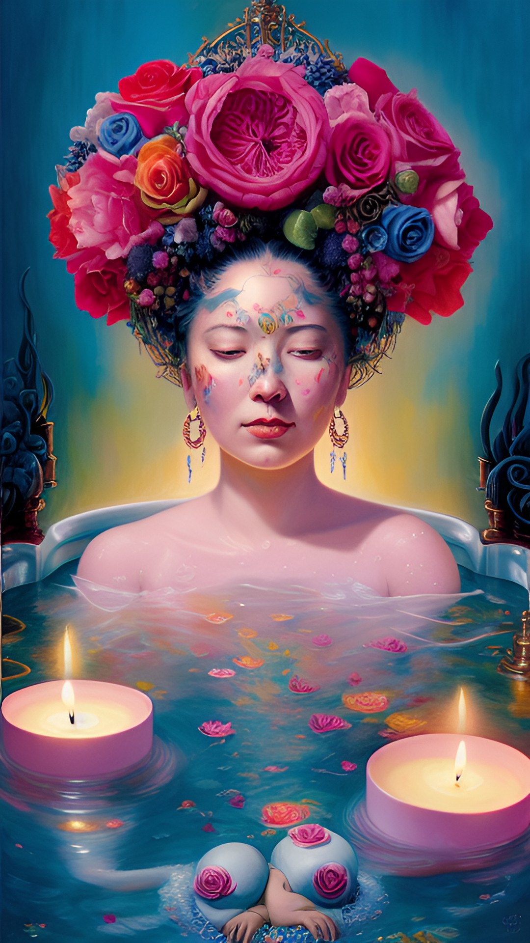 a lady in her bath - a woman enjoying a soak in her luxurious bath, surrounded by candles and rose petals. her hair is piled on top of her head and she has a blissful expression on her face. preview