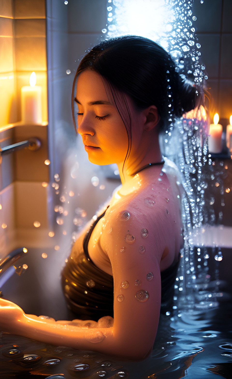 a woman bathing in a dimly lit bathroom, surrounded by candles and steam. she has her eyes closed and a peaceful expression on her face. her wet hair with hanging with tiny droplets of water preview