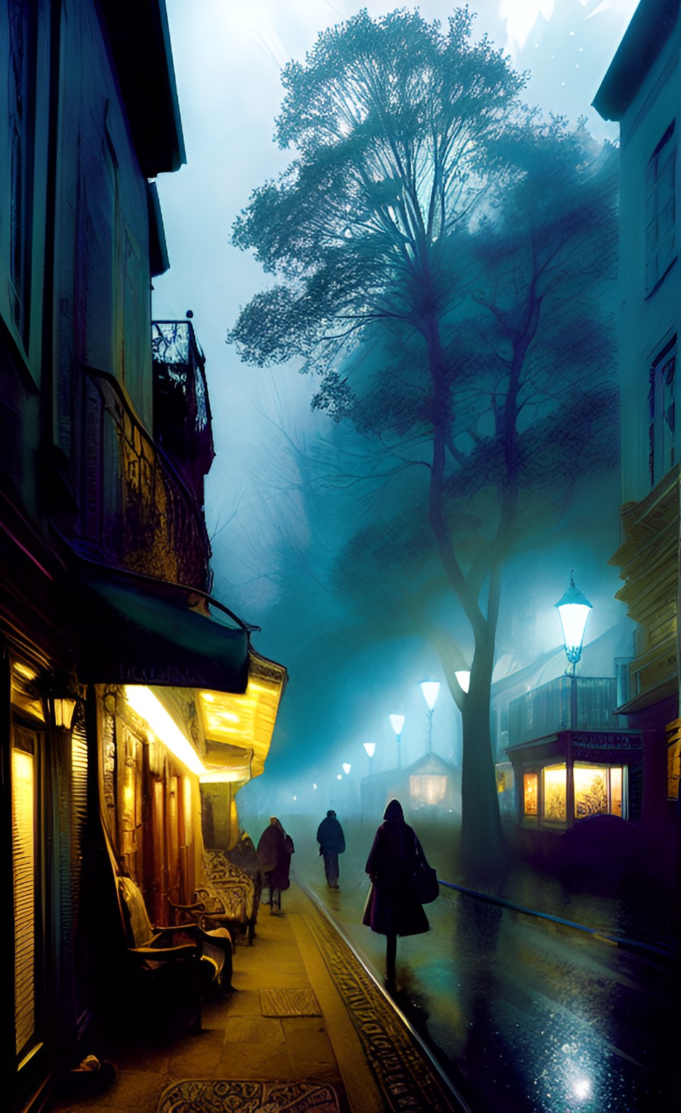 Foggy street in the old town - dreams locked inside moonlight little silver cage. kodak. sharp. hd. realistic. hyperrealism. fantasy magical mistycal preview