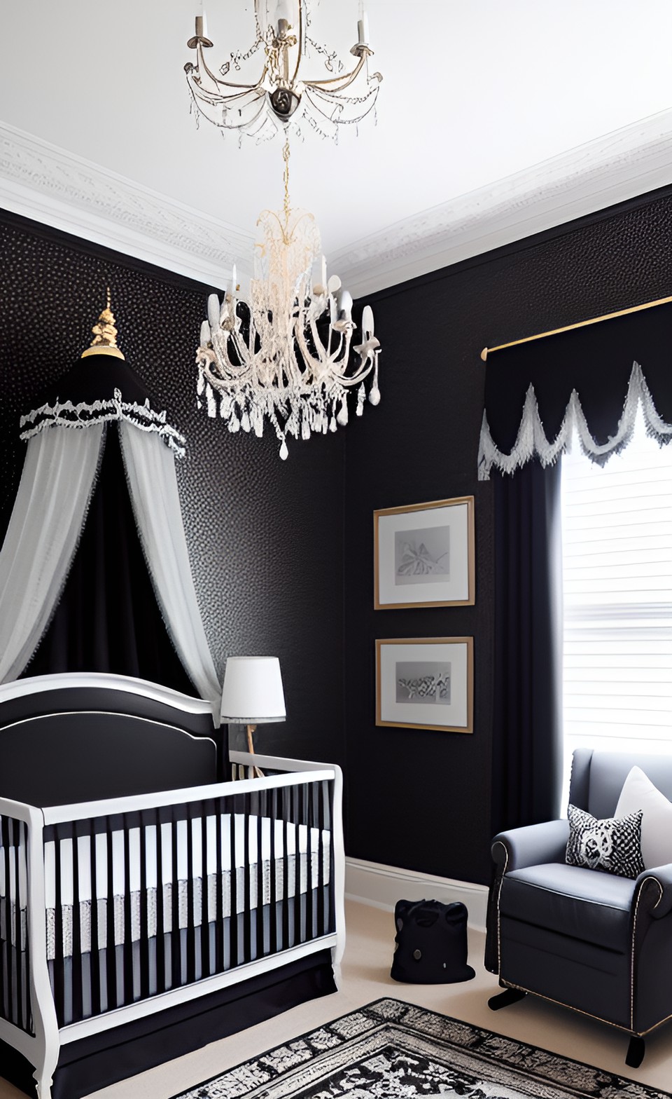 nursery room decorated  in black and silver, velvet and lace, baroque preview