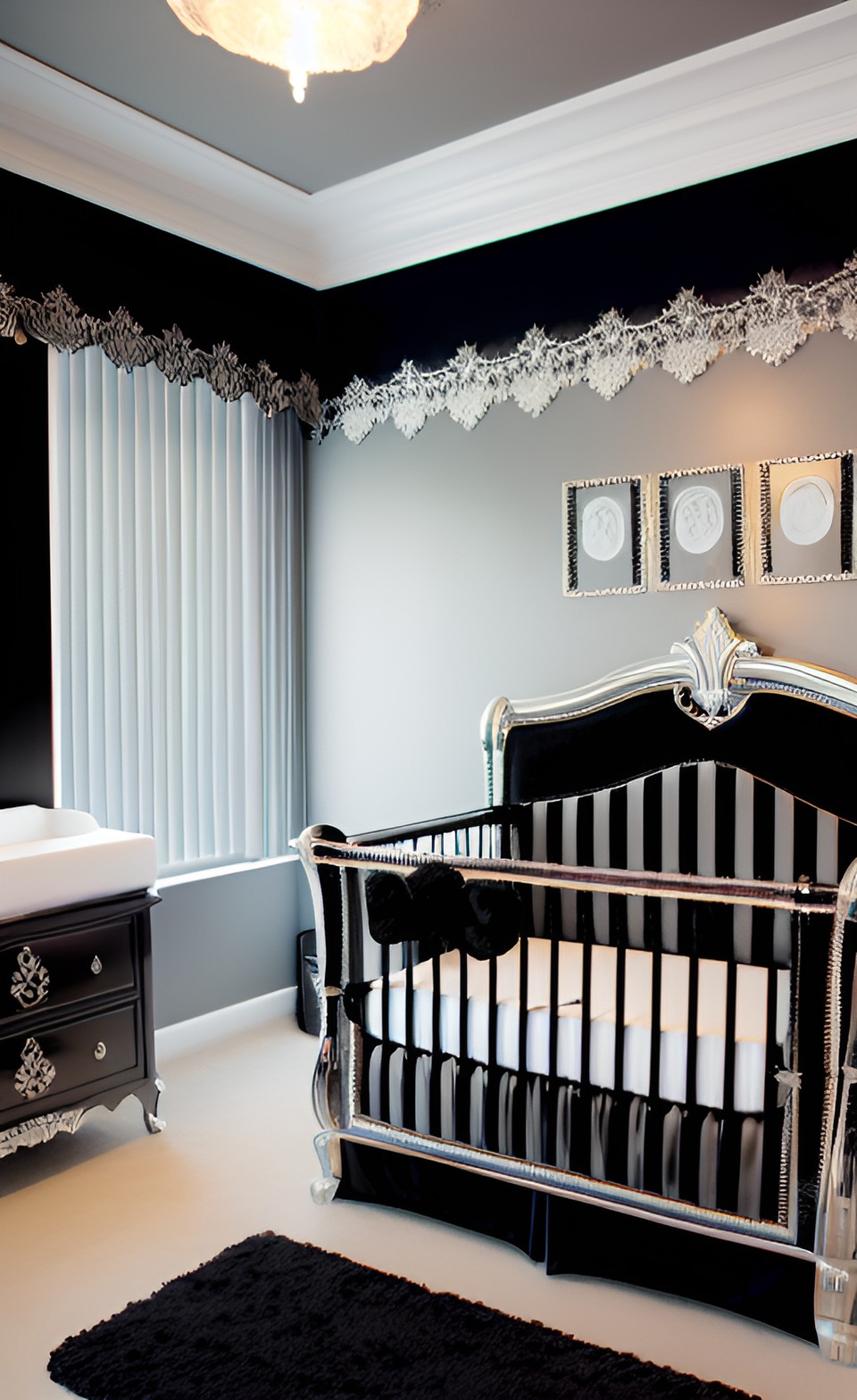 nursery room decorated in black and silver, velvet and lace, baroque preview
