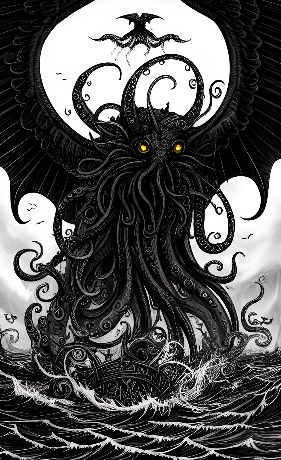 winged lovecraftian monster from the sea, horrible to see, tentacles and malicious eyes, can drive a person to insanity, dark shadows and indistinguishable preview