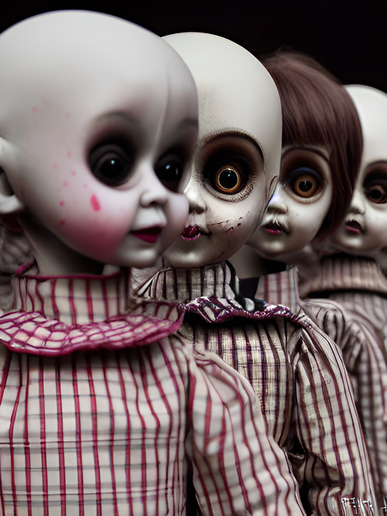 creepy soulless dolls. - a dark attic filled with rows of antique dolls, their expressions frozen in eerie smiles and blank gazes, while a single dim light shines. close up preview