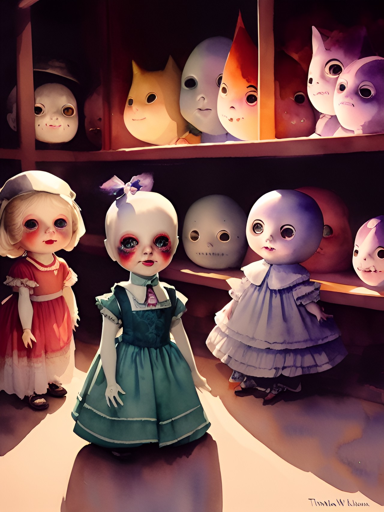 creepy soulless dolls. - a dark attic filled with rows of antique dolls, their expressions frozen in eerie smiles and blank gazes, while a single dim light shines. close up preview