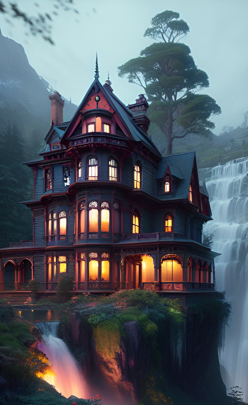 victorian house on mountain with waterfall at night preview