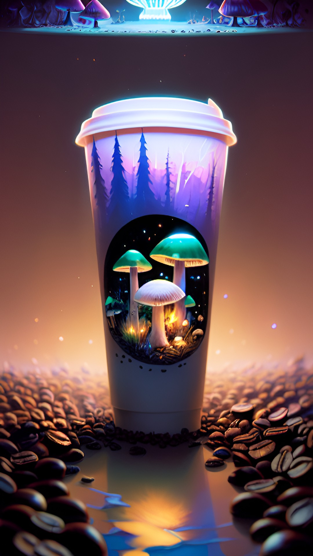 Glowing Fungal Brew - coffee cup surrounded by glowing mushrooms preview