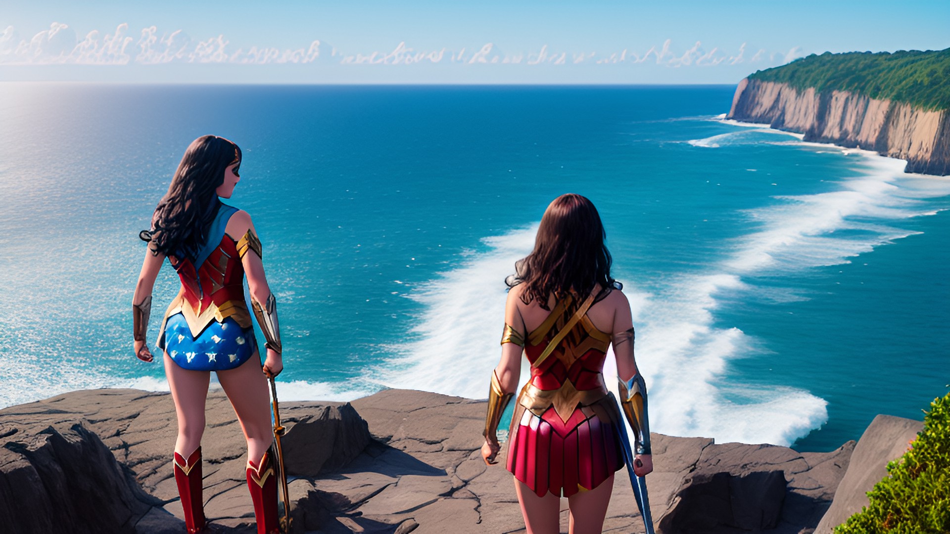 wonder woman looking at ocean from cliff preview