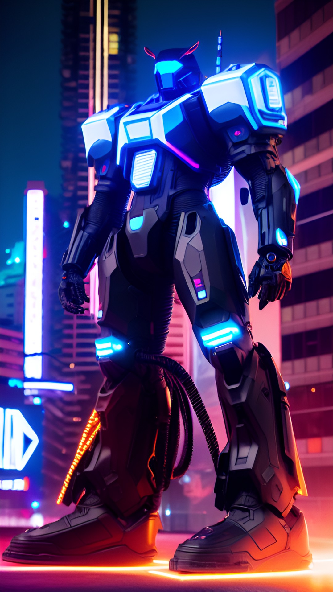 a black mech suit - a sleek black mech suit with glowing blue circuitry and razor-sharp metal plating, standing tall and imposing in a neon-lit cityscape." preview