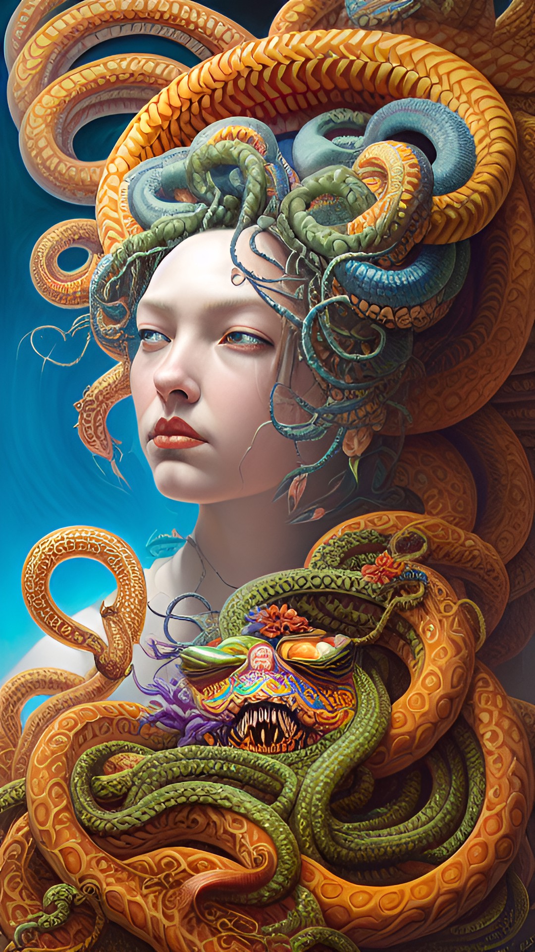 medusa with angry expression and hair of snakes moving around preview