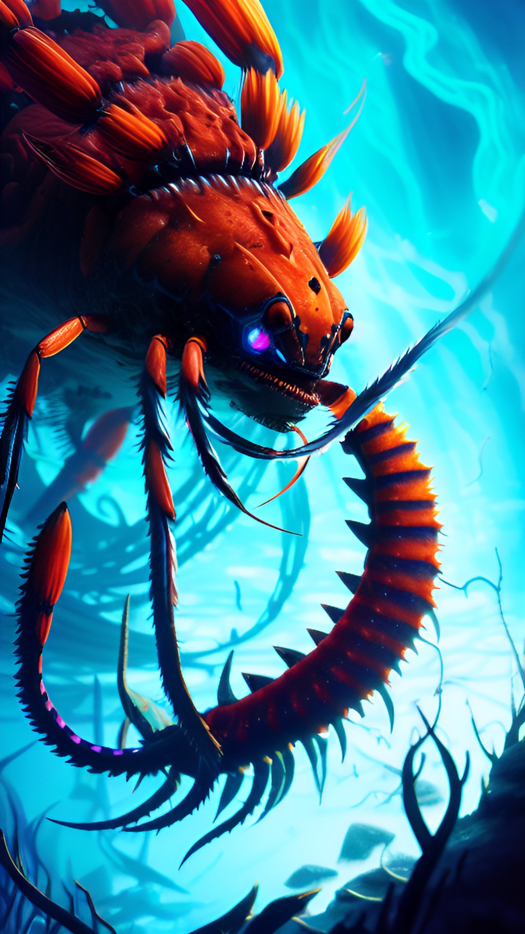 a menacing abyssal crustacean emerging from the dark depths of the ocean, its sharp claws glinting in the eerie blue glow of its bioluminescent scales." preview