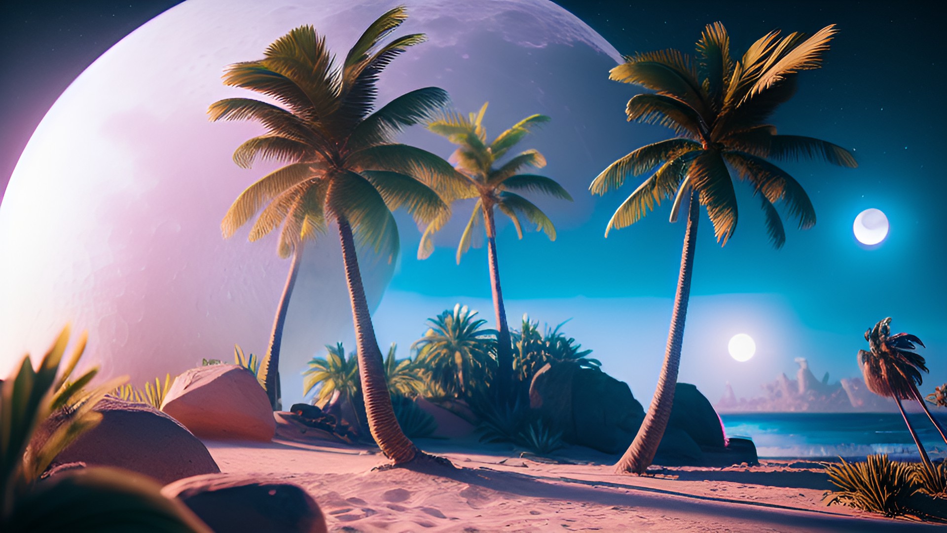 ghost beach palm trees moon light preview