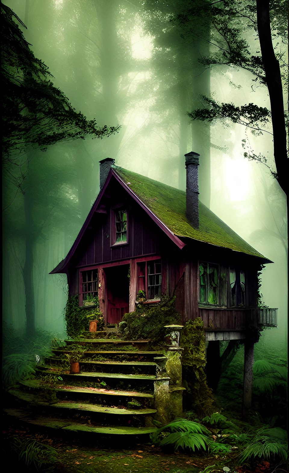 an abandoned cottage in the woods covered in plants and trees preview