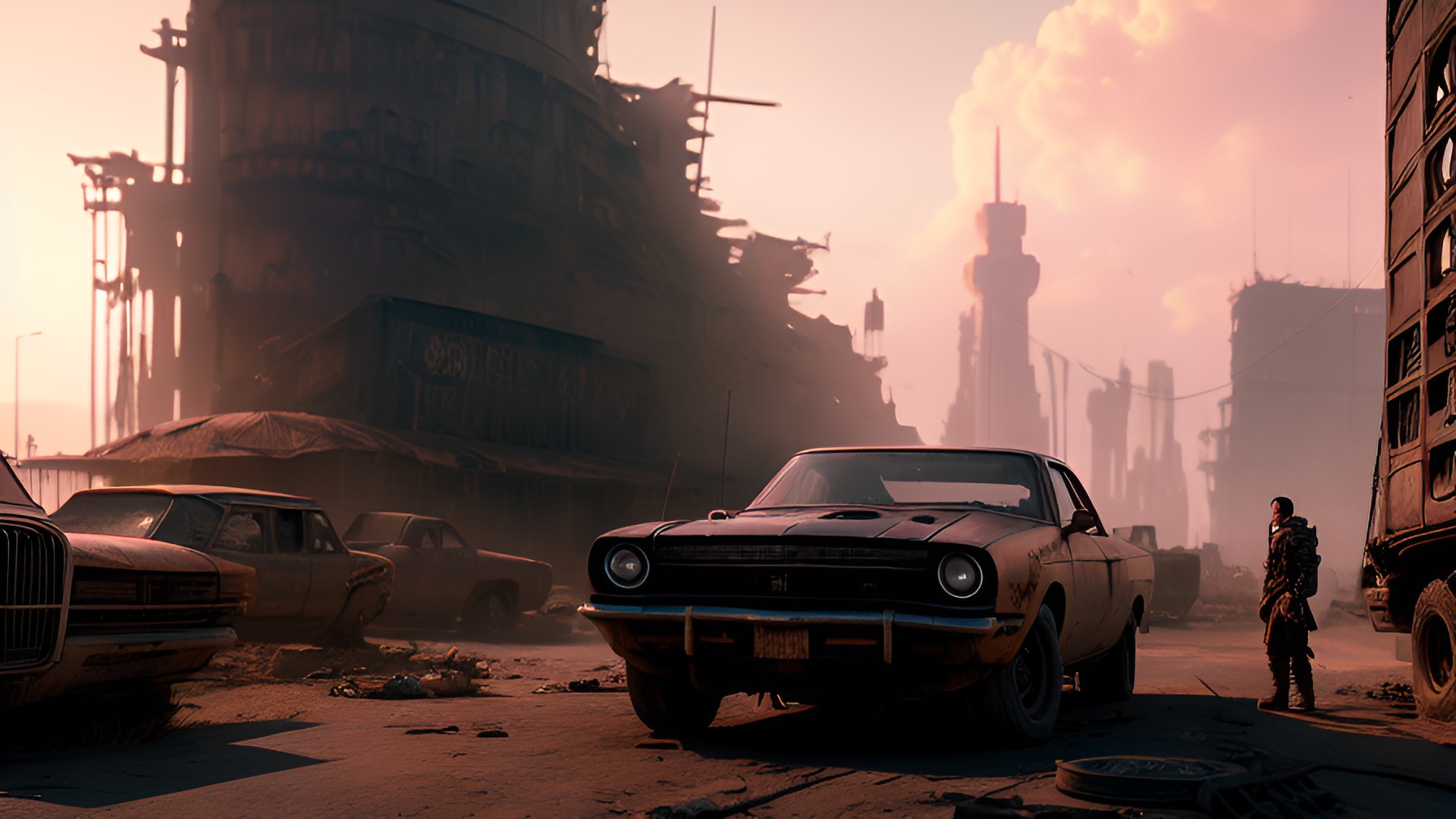 cinematic scene in the style film mad max, mechanic graveyard in a post apocalyptic city preview