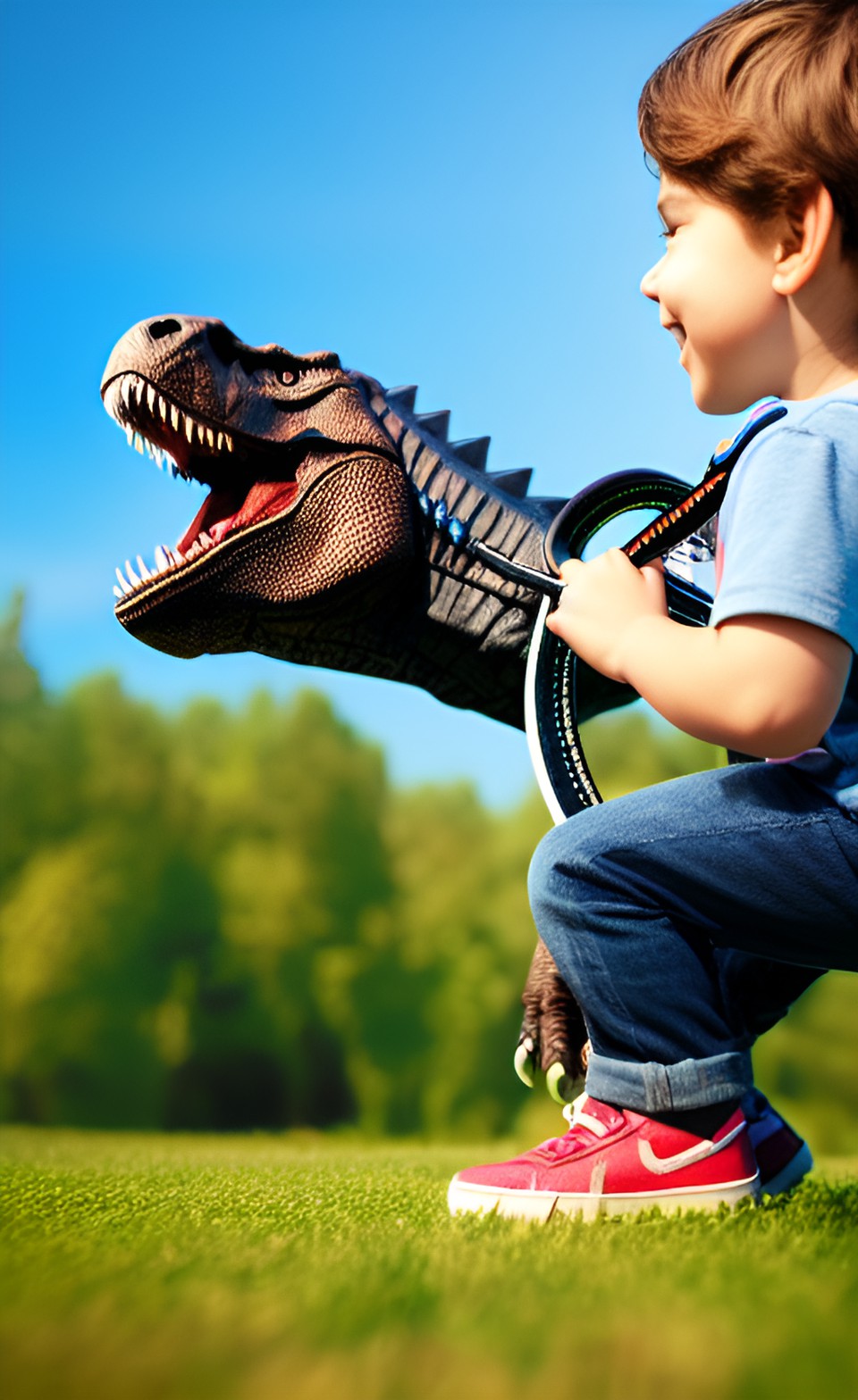 t-rex roaring while a little kid holds it's leash preview