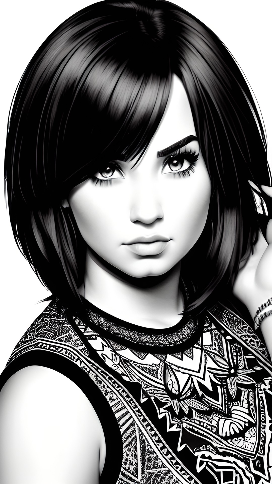 Demi - demi lovato adult coloring page, black and white, detailed, complicated coloring page preview