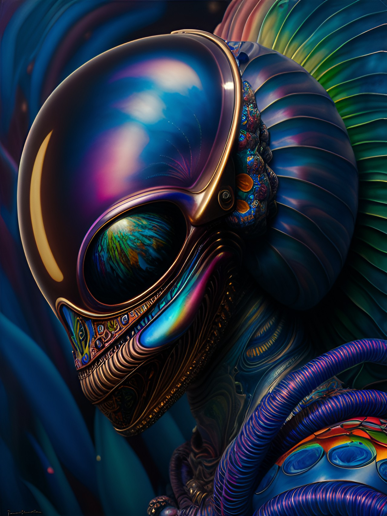 Alien 2025 - alien iridescent, wearing a helmet,scales, reds,blues, textured, intricate, ornate, shadowed, 3d,insanely detailed, deco style,  burton, chihuly, cheng,rolando, inner glow,giger ,afremov,fractals preview