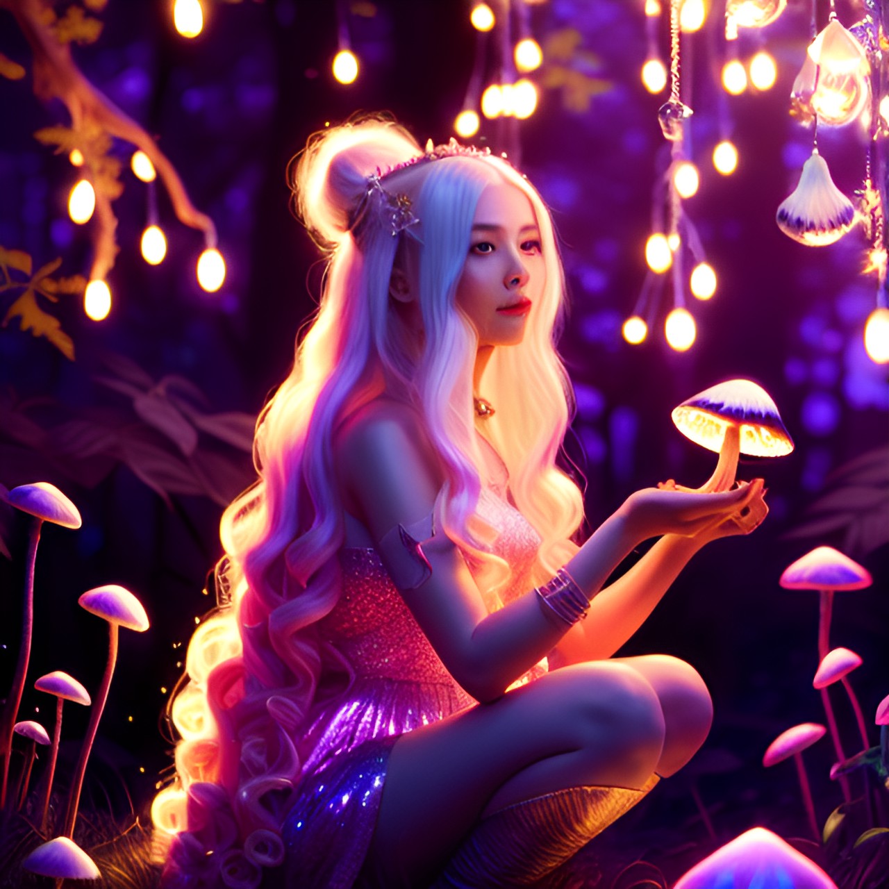 fairy long white hair woman picking mushrooms, sparkly and glitter, magical, pink aesthetic, soft, bokeh preview