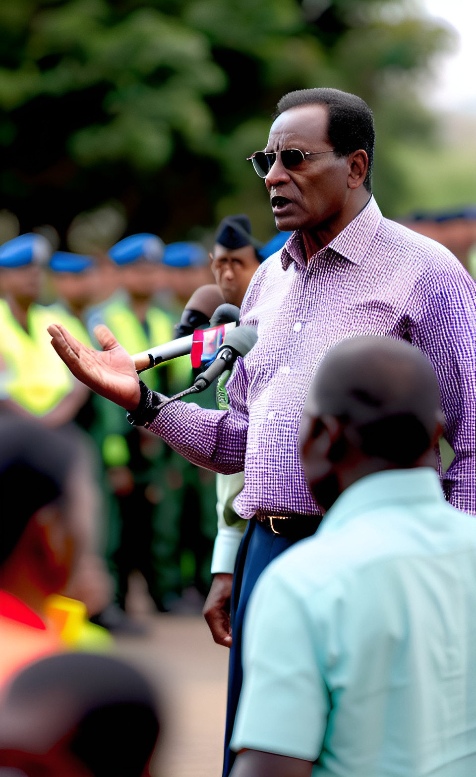 the man, standing tall and resolute, responding to the murmurs and questions of the people. preview