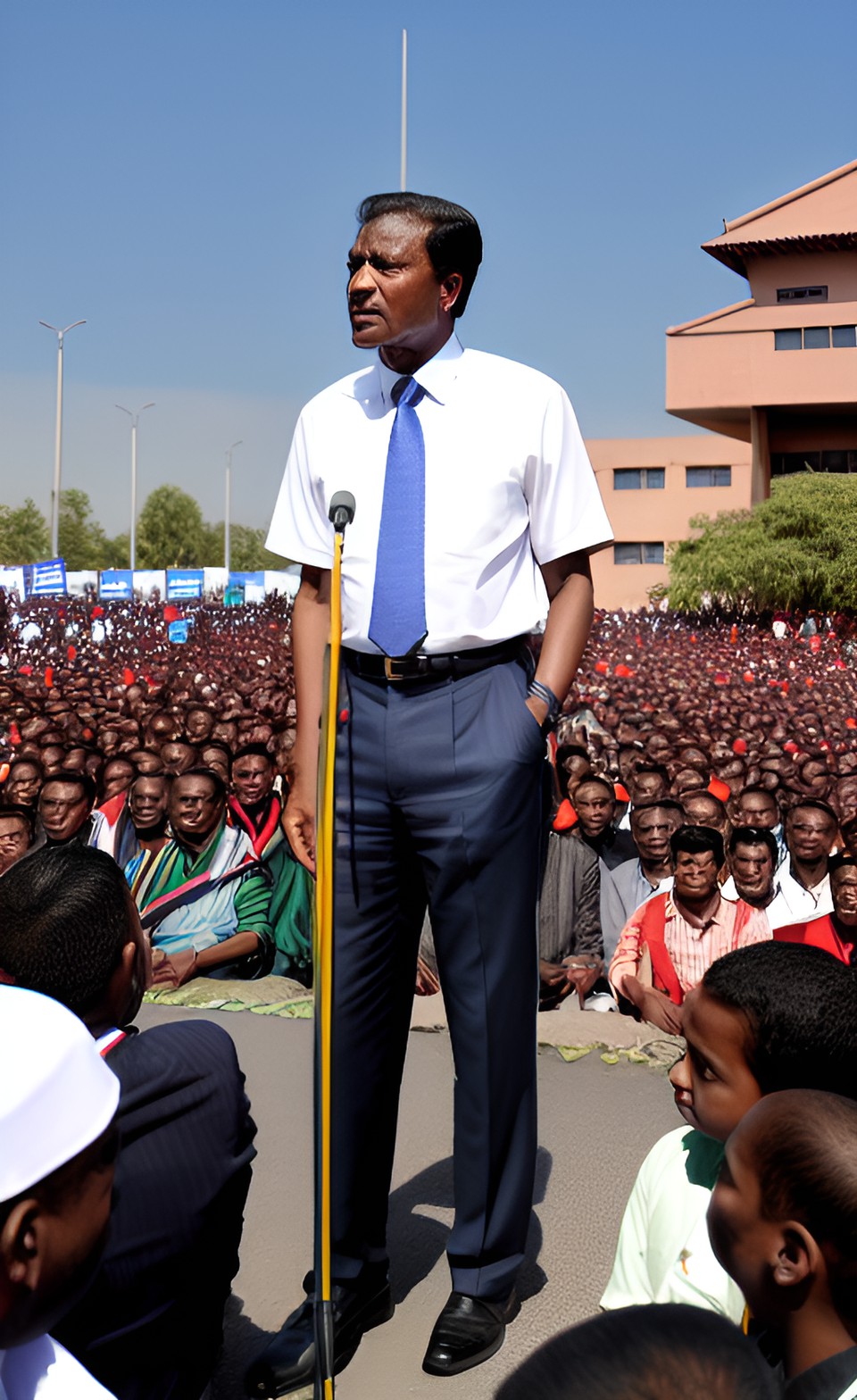 the man, standing tall and resolute, responding to the murmurs and questions of the people. preview