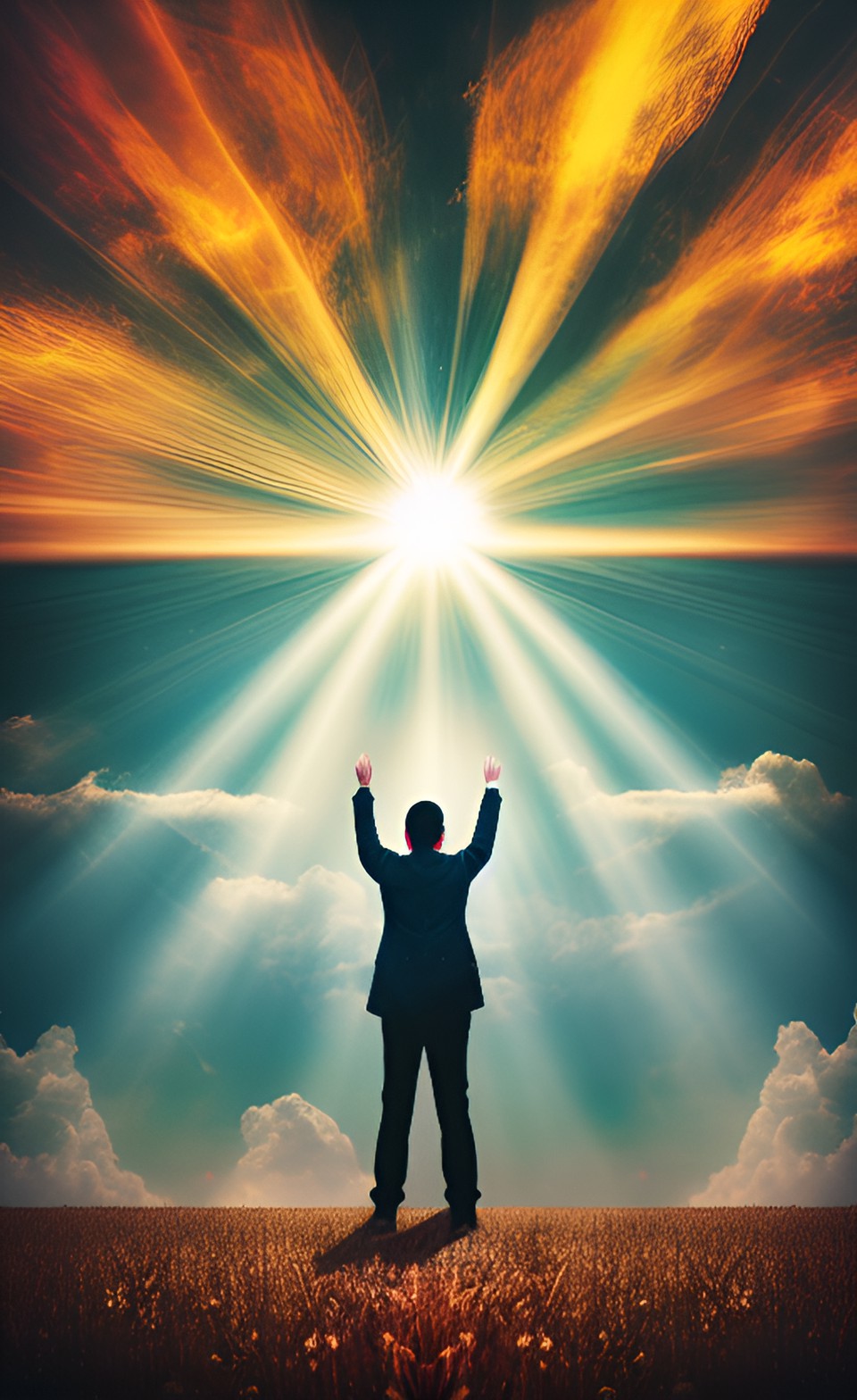 the man lifting his hands towards heaven, as if summoning a divine power. preview