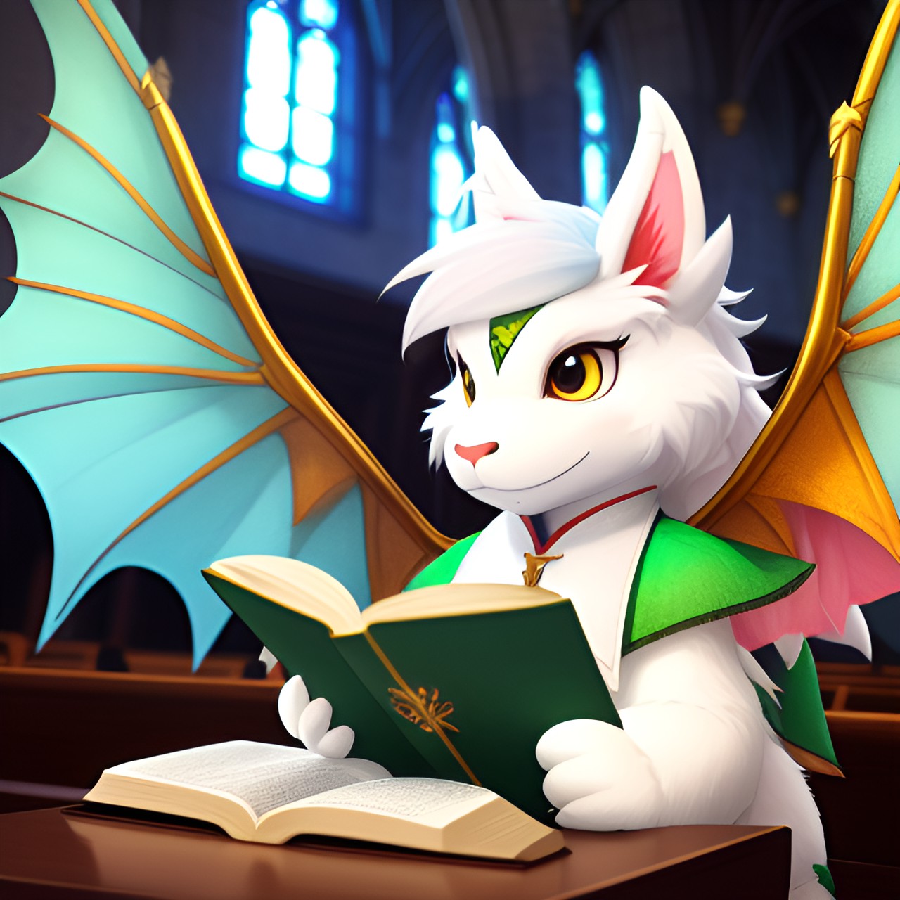 cute fae dragon with white only fur and wings reading a bible at church preview