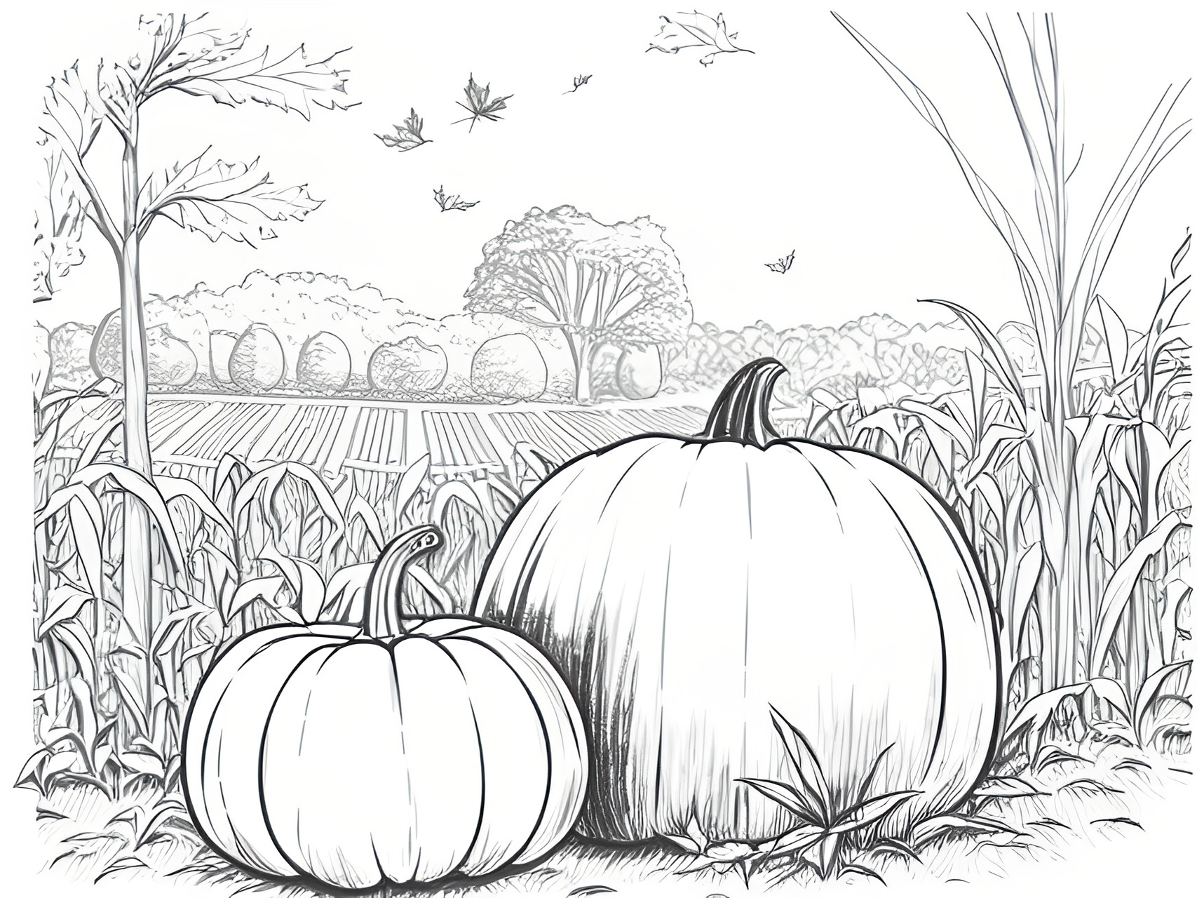 simple line drawing of a pumpkin patch during autumn, straw, leaves, corn stalks, pumpkins, simple contour drawing preview