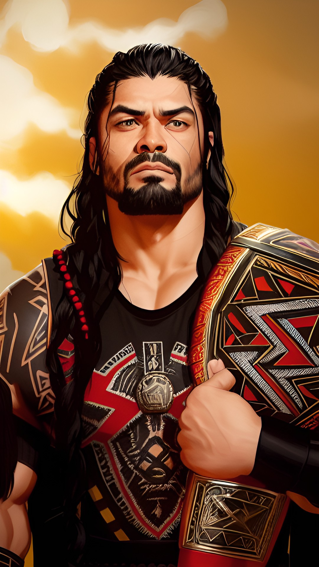 roman reigns, black long hair, full beard, hazel eyes, wwe champion, wrestlemania, the bloodline, right sleeve & chest, a traditional samoan tribal tattoo, right hand red glove, all black trouser, preview