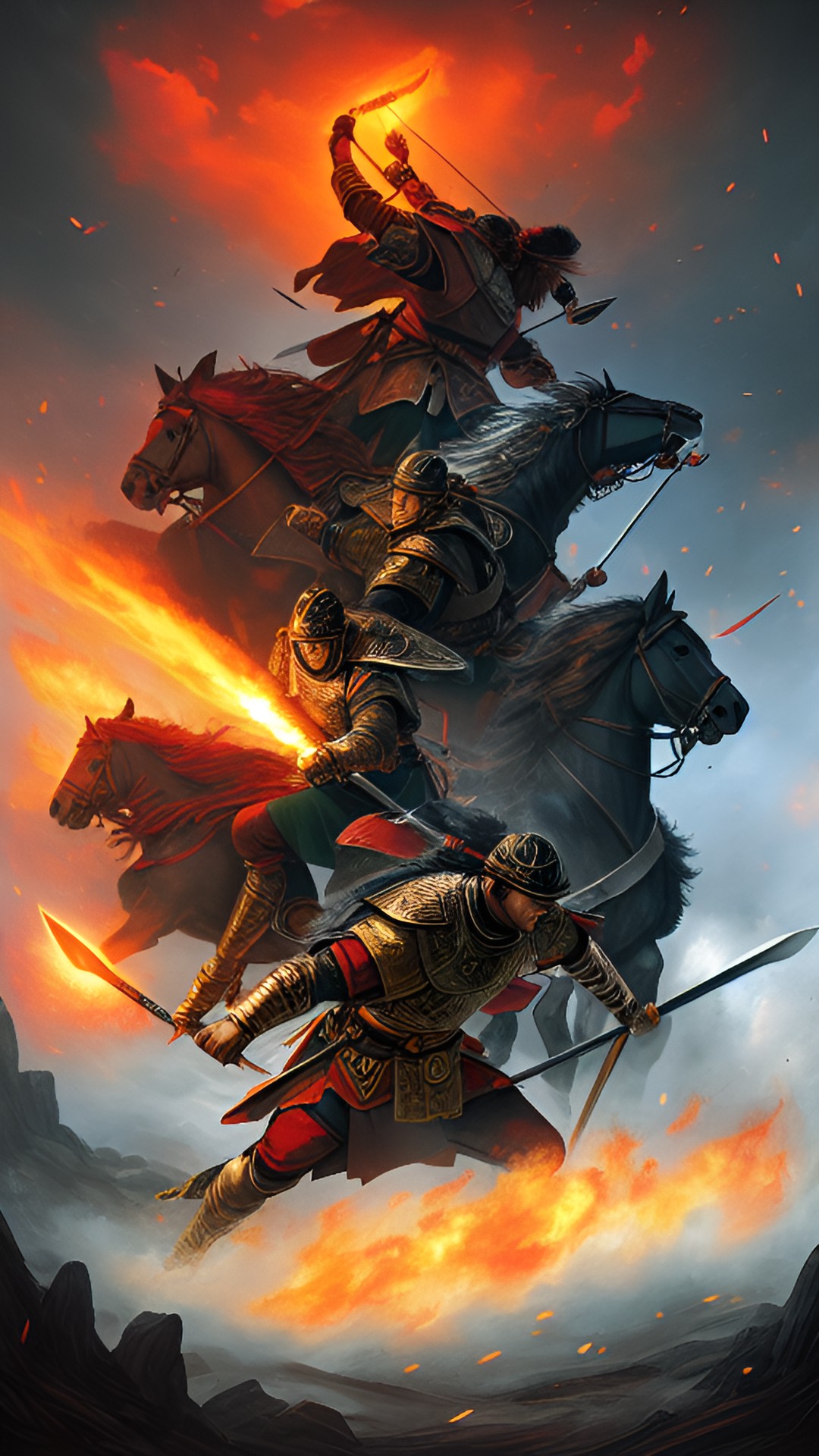 art of war—v4 - a battle scene of ancient warriors charging through a misty forest, wielding swords and shields, with arrows flying overhead and explosions of fire lighting up the background." preview