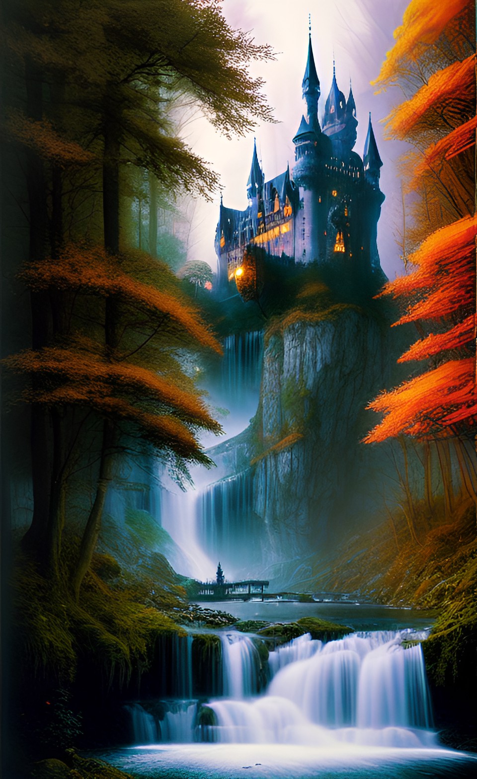 castle, river, waterfall, forest, middle ages preview