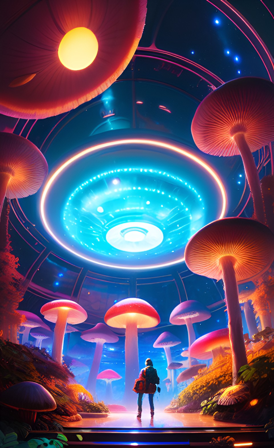 giant mushrooms glowing, in a futuristic biodome preview