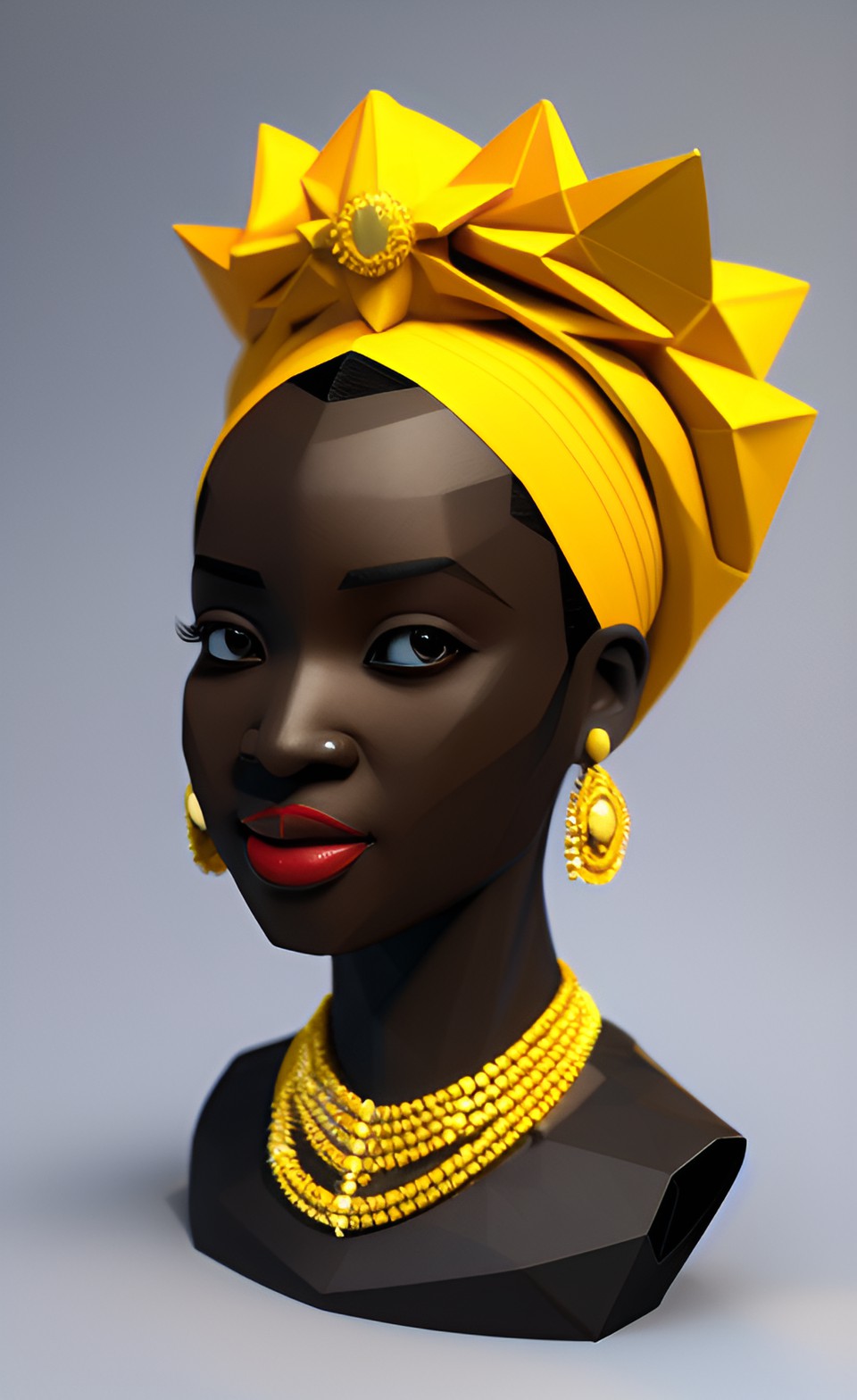 uma princesa africana com um vestido amarelo, low-poly, umbanda, oxum, stl file, 3d preview