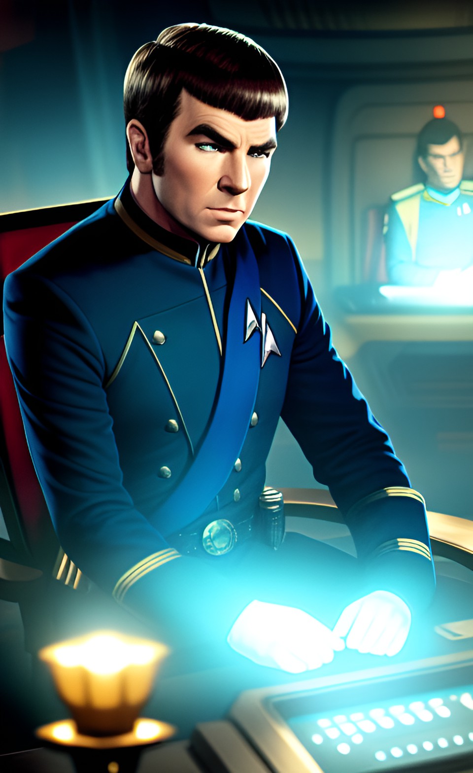 captain james kirk sitting in the captain's chair, looking tense with spock standing behind him and rubbing his shoulders. lighting low and moody, bridge consoles casting a soft blue glow on them. preview