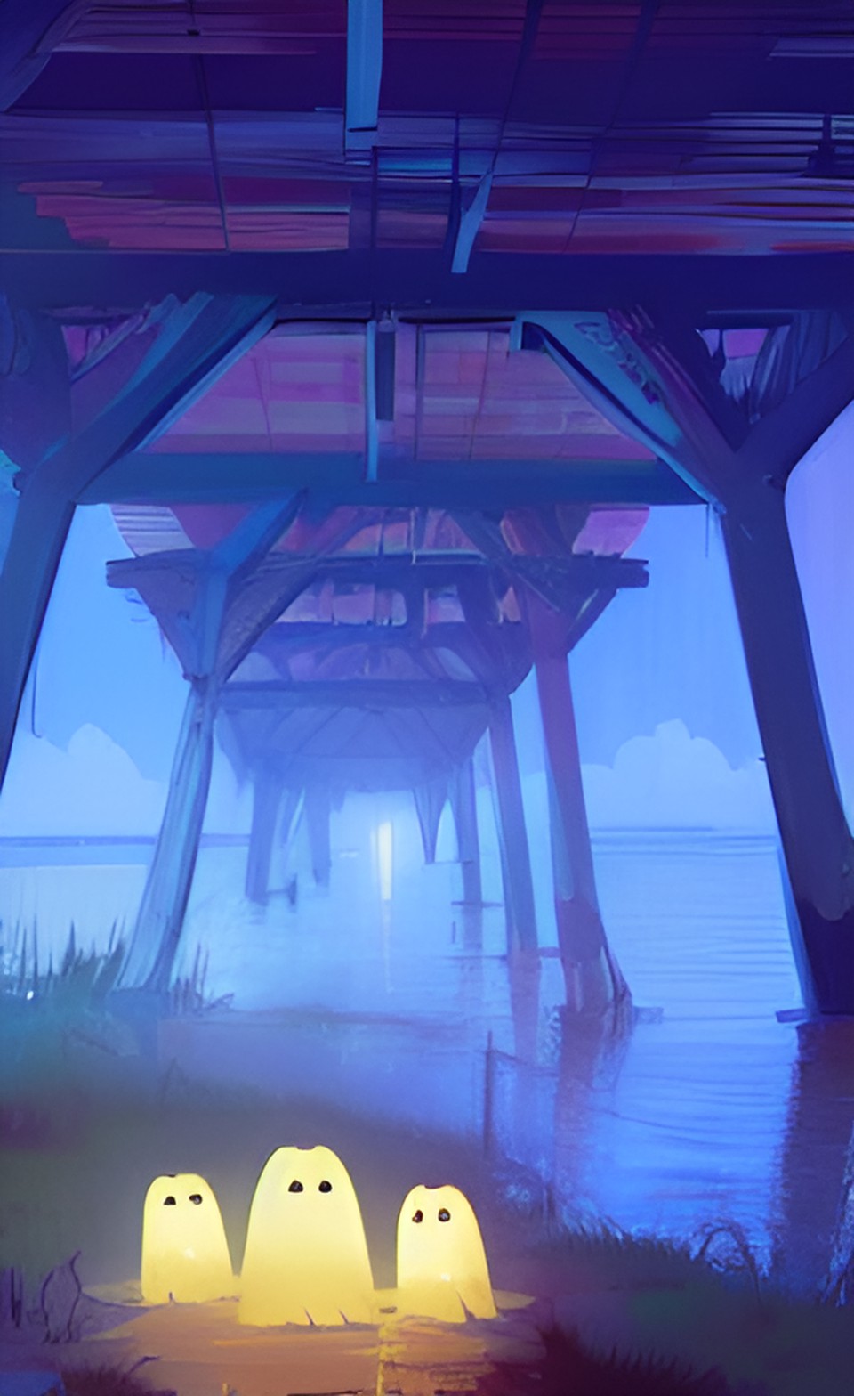 distant shores - cute ghost lake wood bridge lanterns cute ghosts soft lighting preview