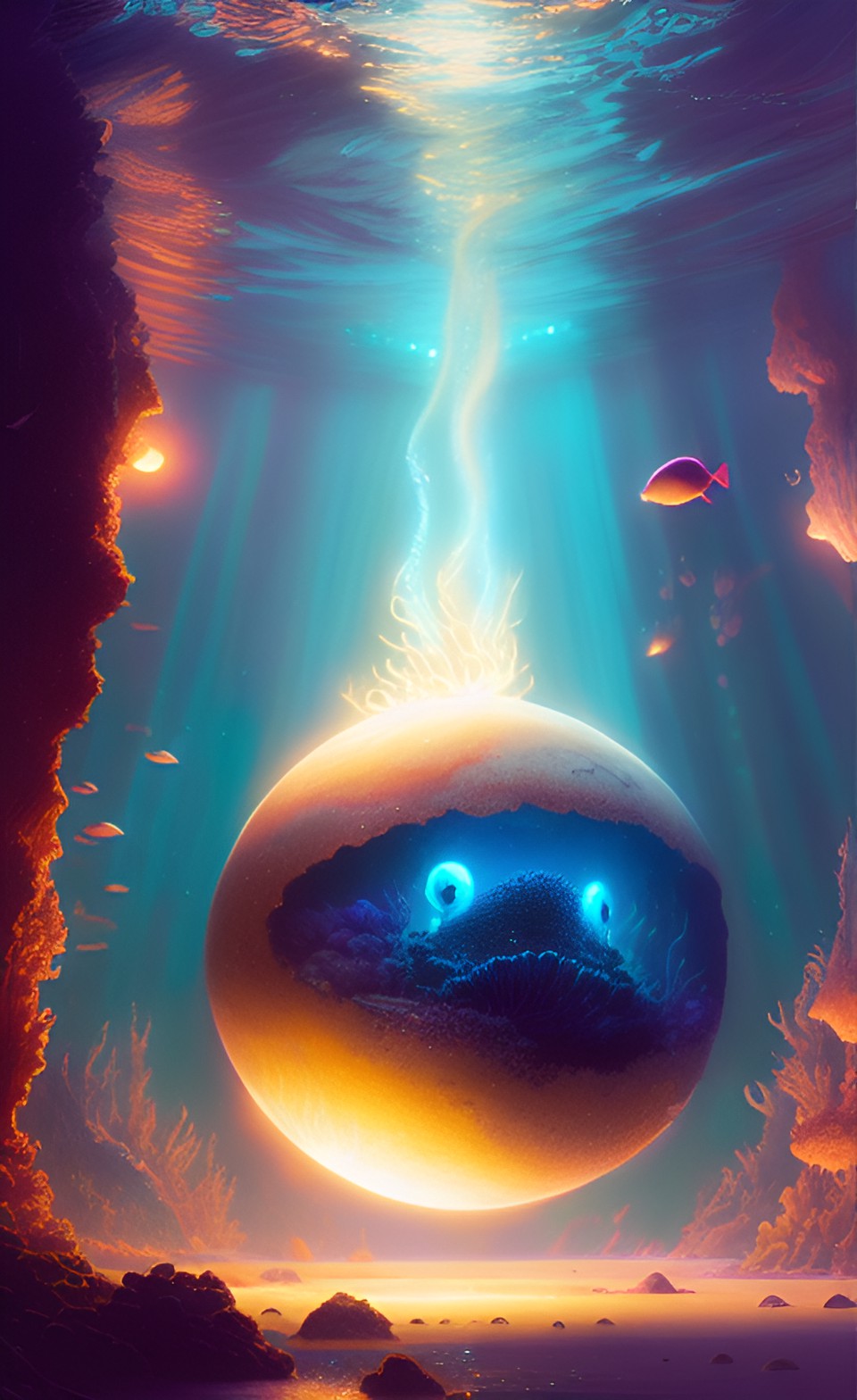 The Glimmershine - a magical creature that inhabits the depths of the ocean, small, glowing orb that emits soft, shimmering light that illuminates the dark waters around it. preview