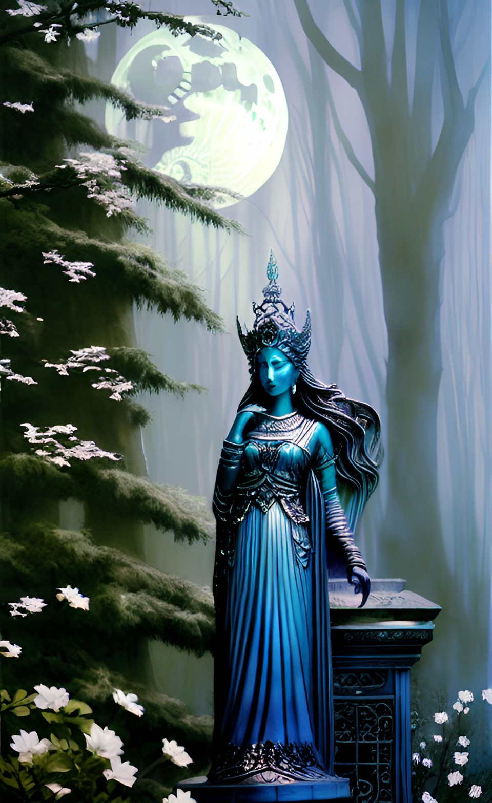 moon goddess statue, temple, silver blue black preview