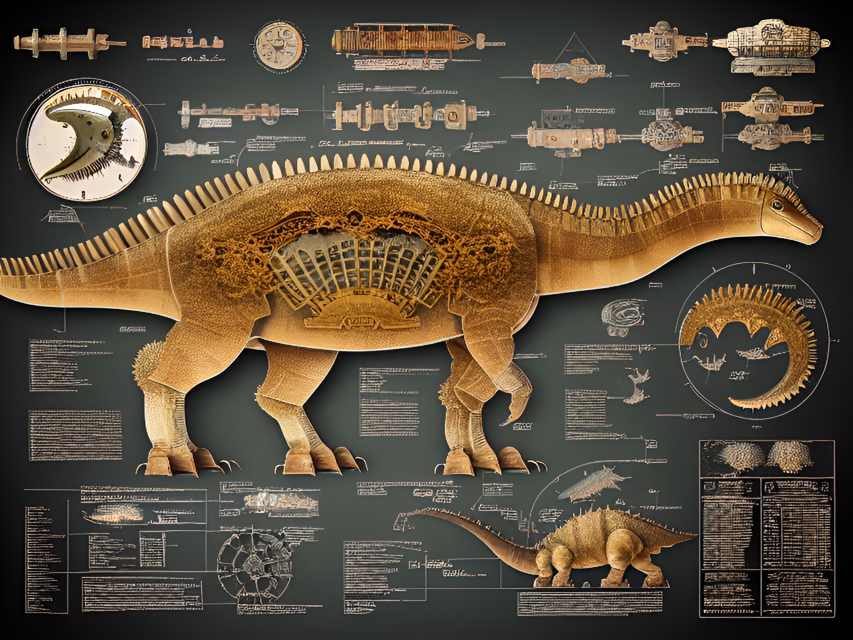 highly detailed antique schematic diagram of a steam punk dinosaur, stegosaurus, with all internal parts identified and labeled, full frame, side view. within frame. preview