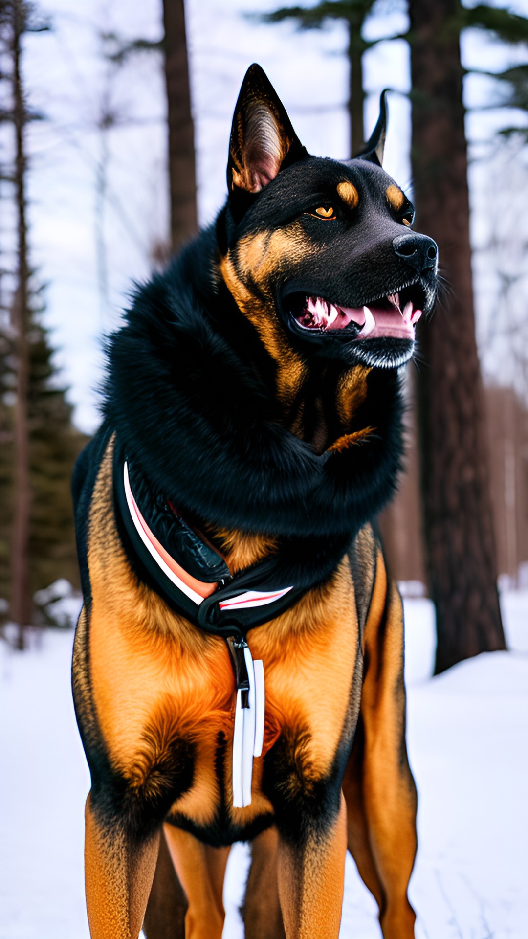 dogman - a towering figure cloaked in fur, with a snarling canine head atop broad shoulders. his powerful jaws are open in a howl that shatters the surrounding forest, and his eyes blaze with an inte preview