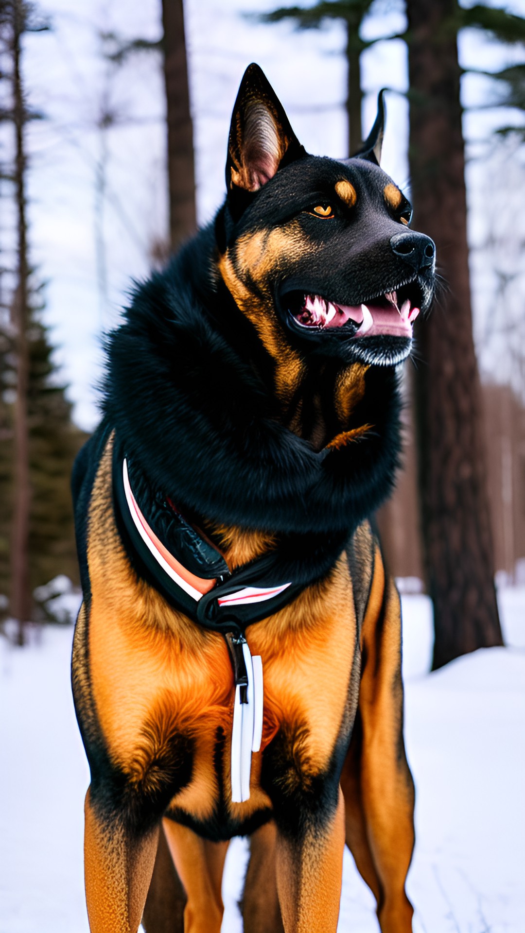 dogman  - a towering figure cloaked in fur, with a snarling canine head atop broad shoulders. his powerful jaws are open in a howl that shatters the surrounding forest, and his eyes blaze with an inte preview