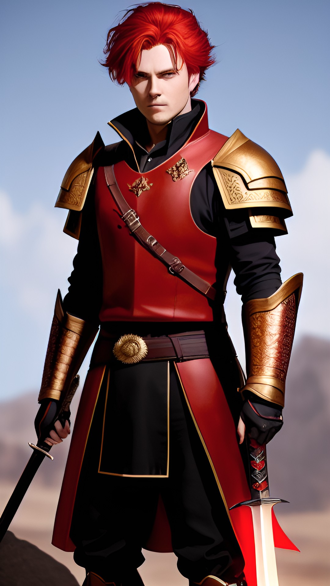 man with red hair, holding a sword made of rock, glowing brown, brown armor preview