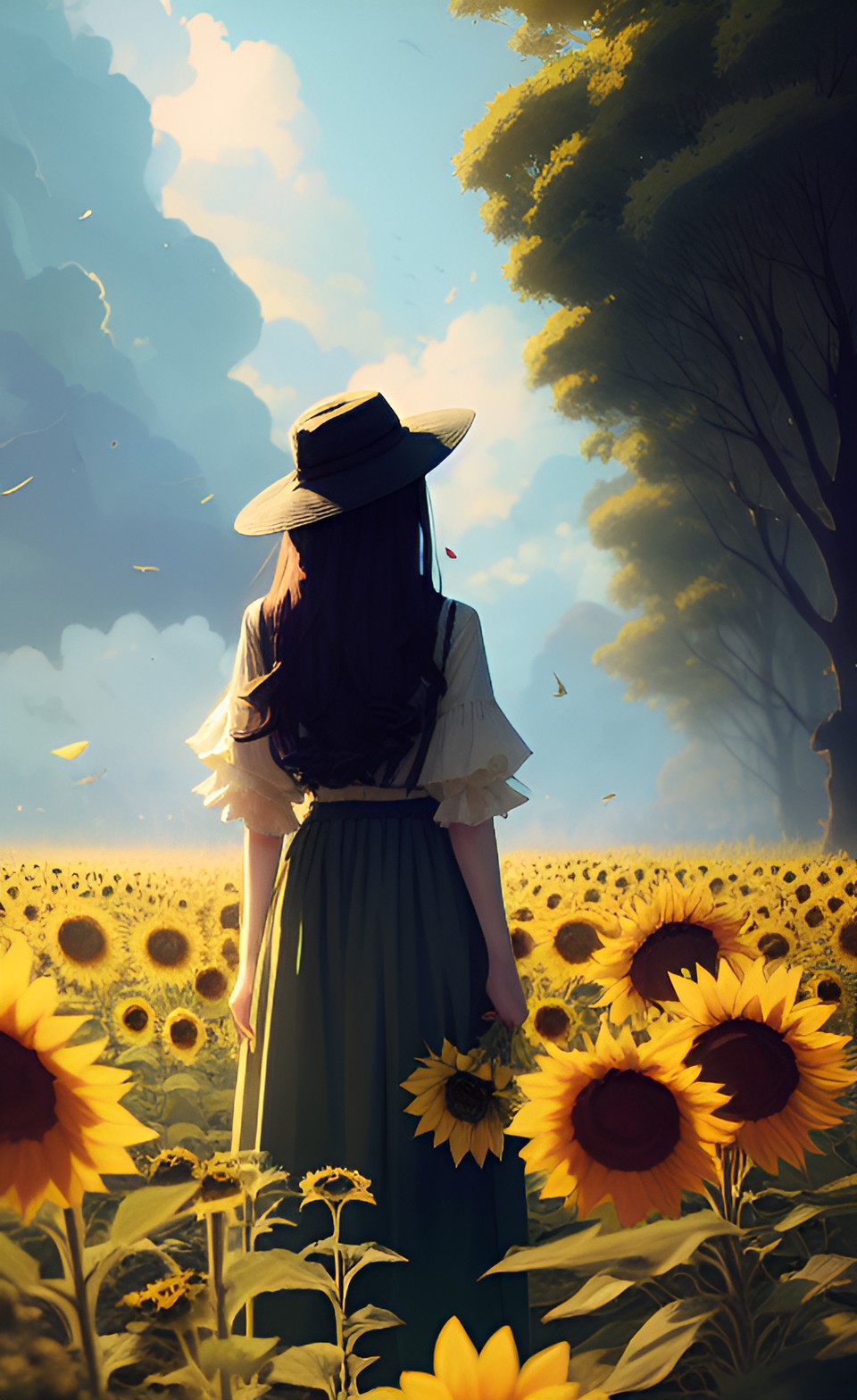 a woman in a yellow hat holding a bouquet of sunflowers, cosmic background, illustration concept art anime key visual trending pixiv fanbox by wlop and greg rutkowski and makoto shinkai and studio ghi preview