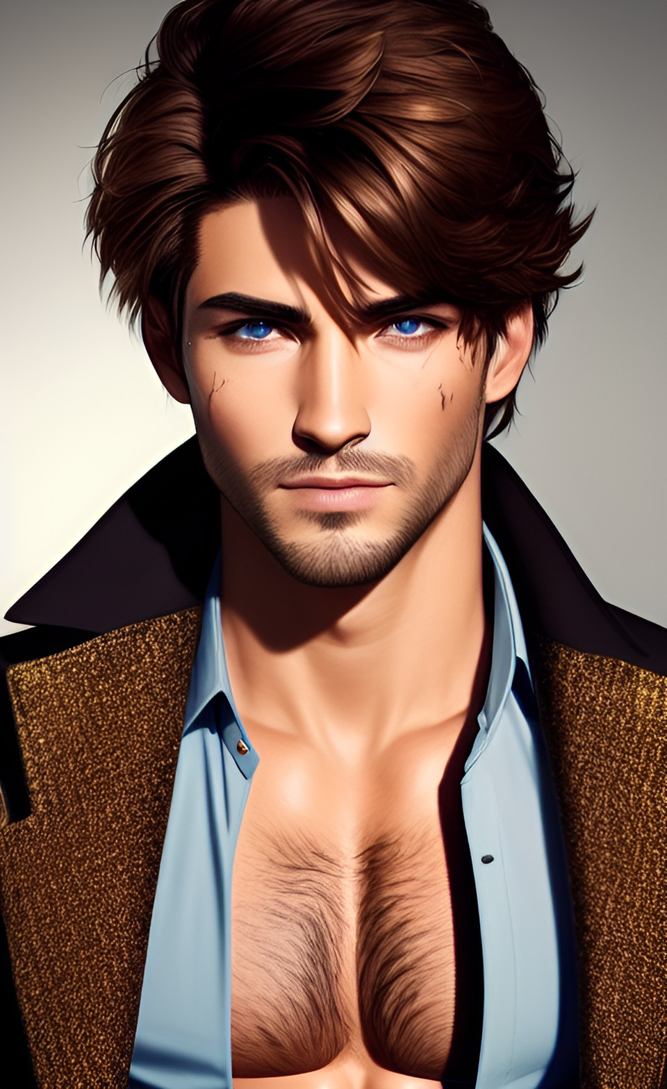 atractive man: scar on the eye: golden eyes: brown hair preview