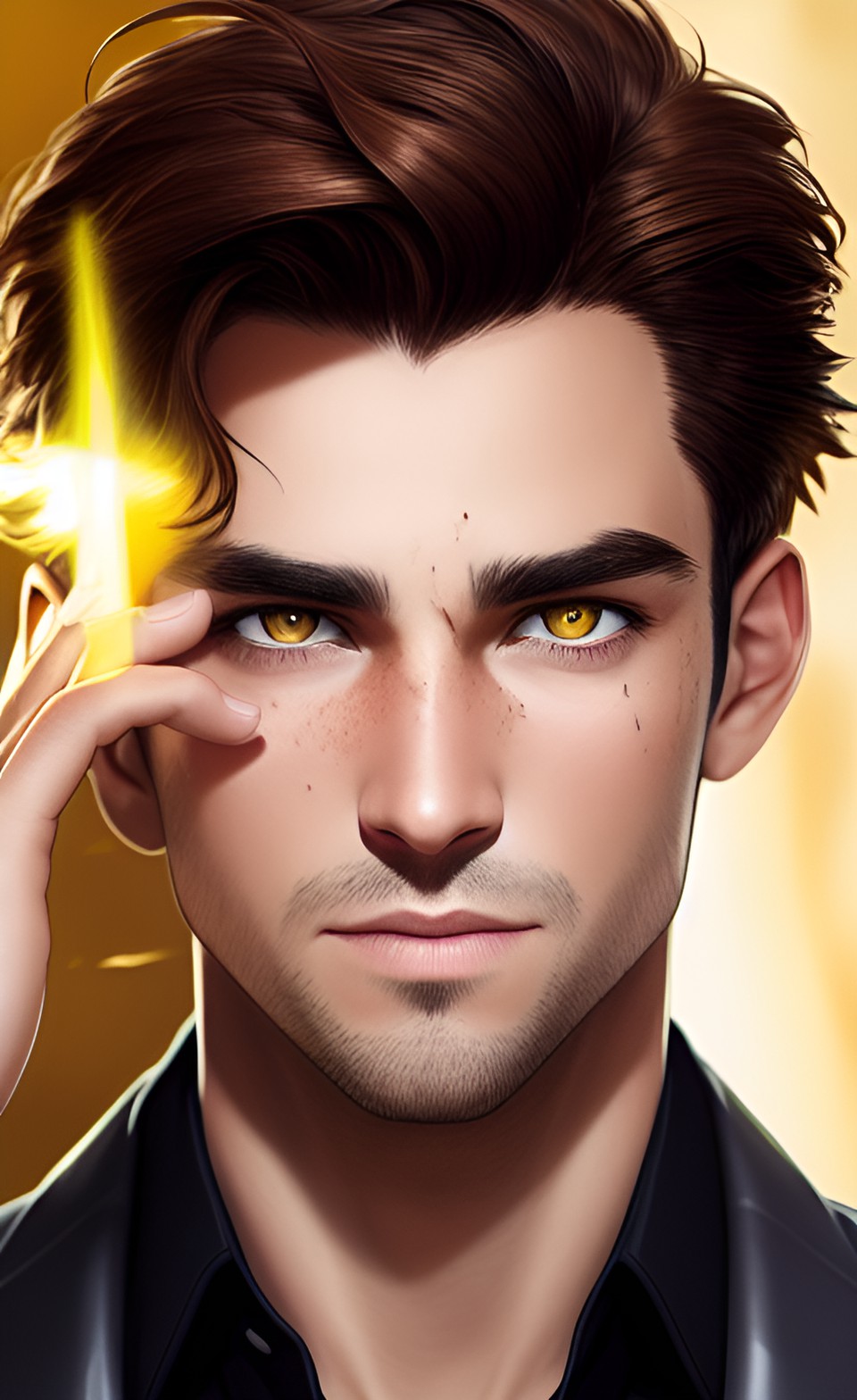 atractive man: scar on the eye: yellow eyes: brown hair preview