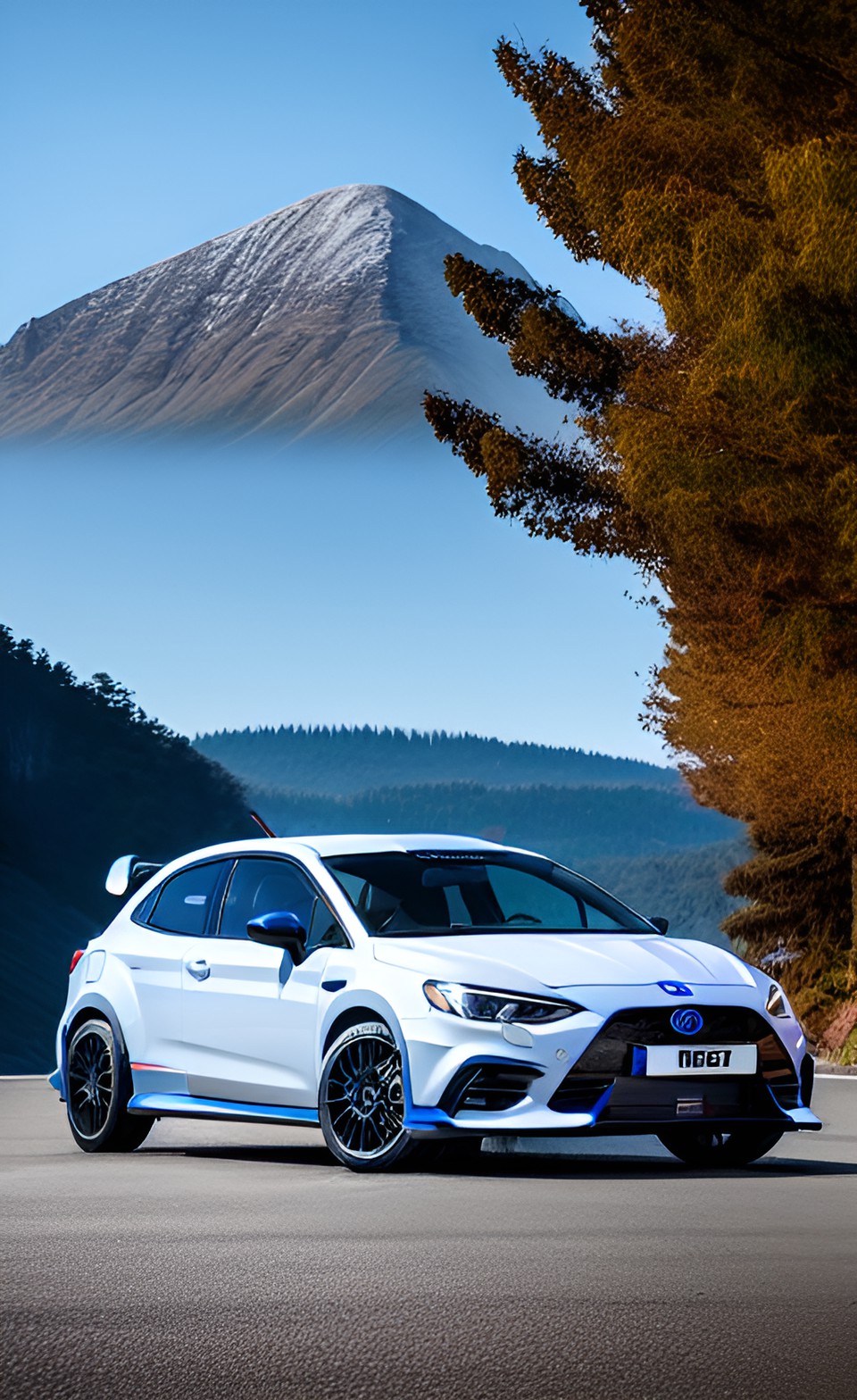 sporty turbo rs rally hatchback, led lights at afternoon, mountain at background preview