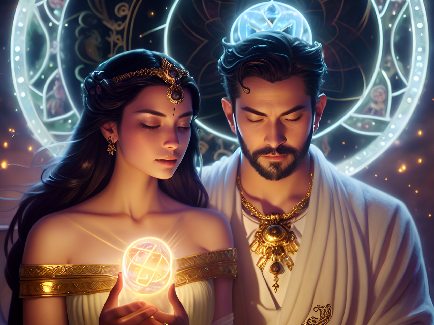 Life ☯️ - handsome god and gorgeous goddess summoning and creating life essence together,full body,dreamy eyes,shiny symmetrical faces, glowing details, fantasy background, vfx, hdr, love,harmony, balance,peace preview