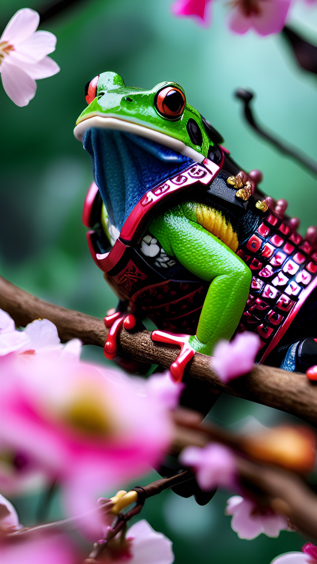 frog samurai - a fierce frog samurai wielding a katana, adorned with cherry blossom petals and traditional samurai armor fighting a wild tiger” - a stoic frog samurai stands poised with a katana, surr preview