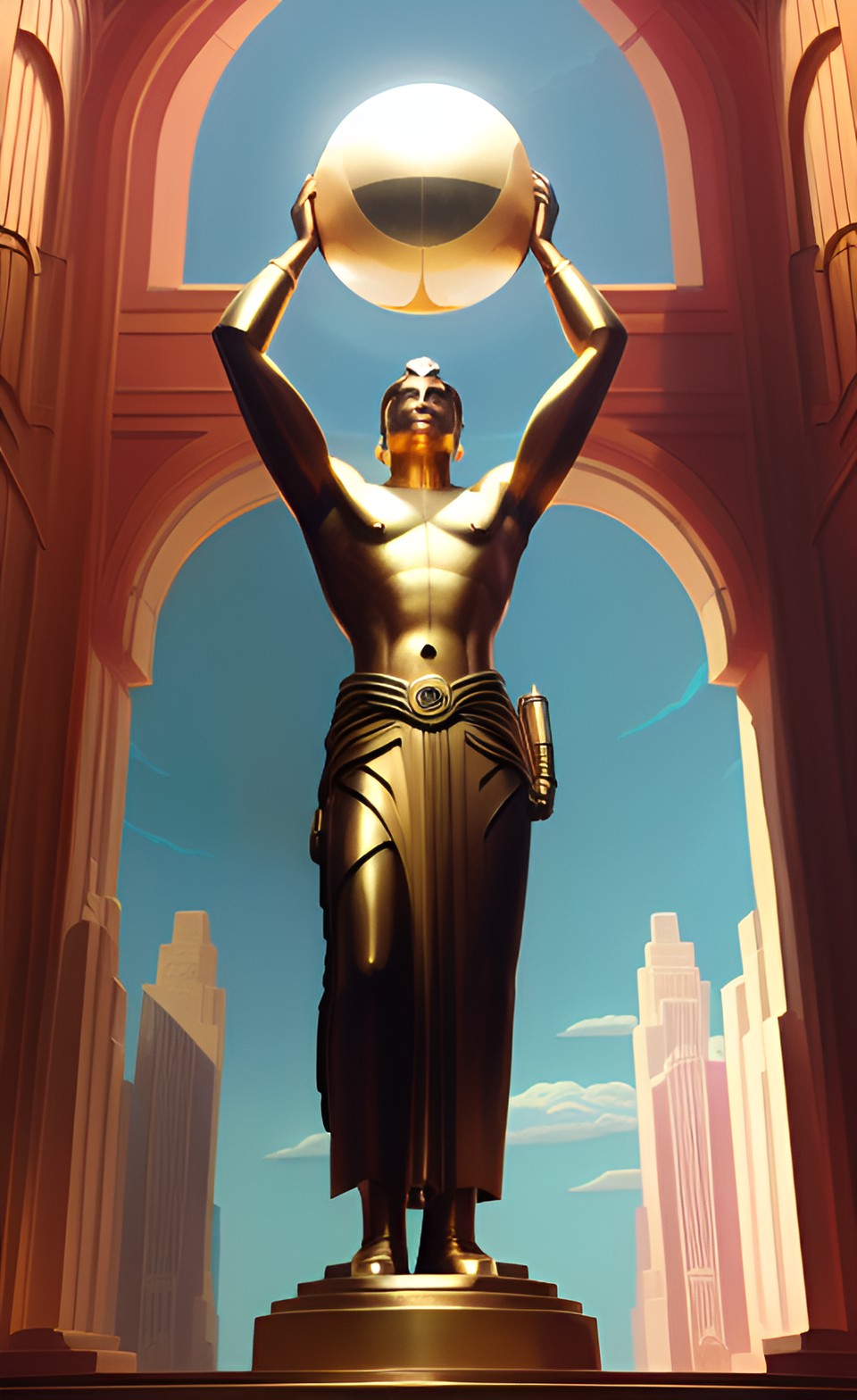 a statue of a man carrying a giant gold orb, art deco style preview